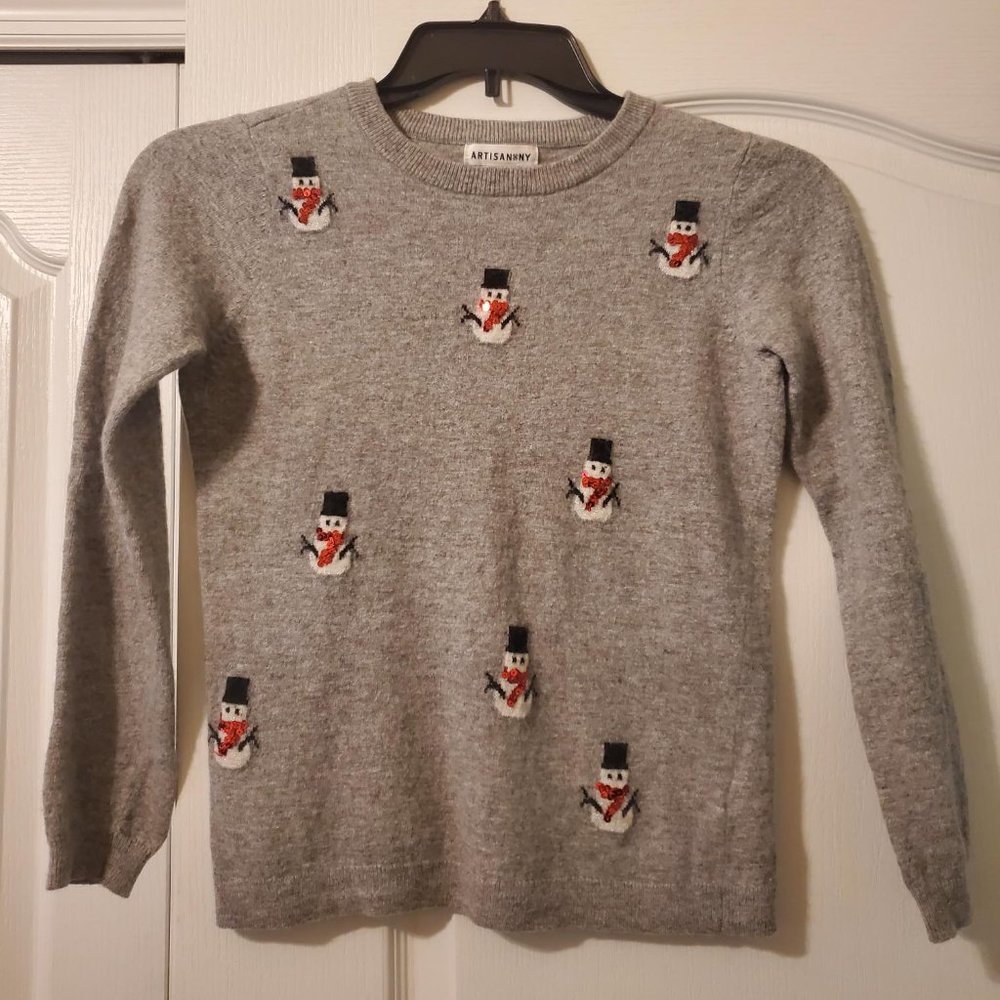 #448 Artisan NY Grey Sequin Snowman Sweater M/XS